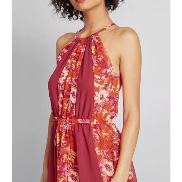 ModCloth Illuminated Elegance Maxi Dress Large Floral Panel Belted Halter Dress - Picture 3 of 9